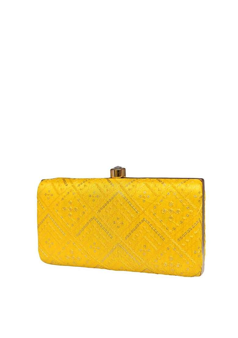 Yellow Embroidered Satin Clutches - Indya