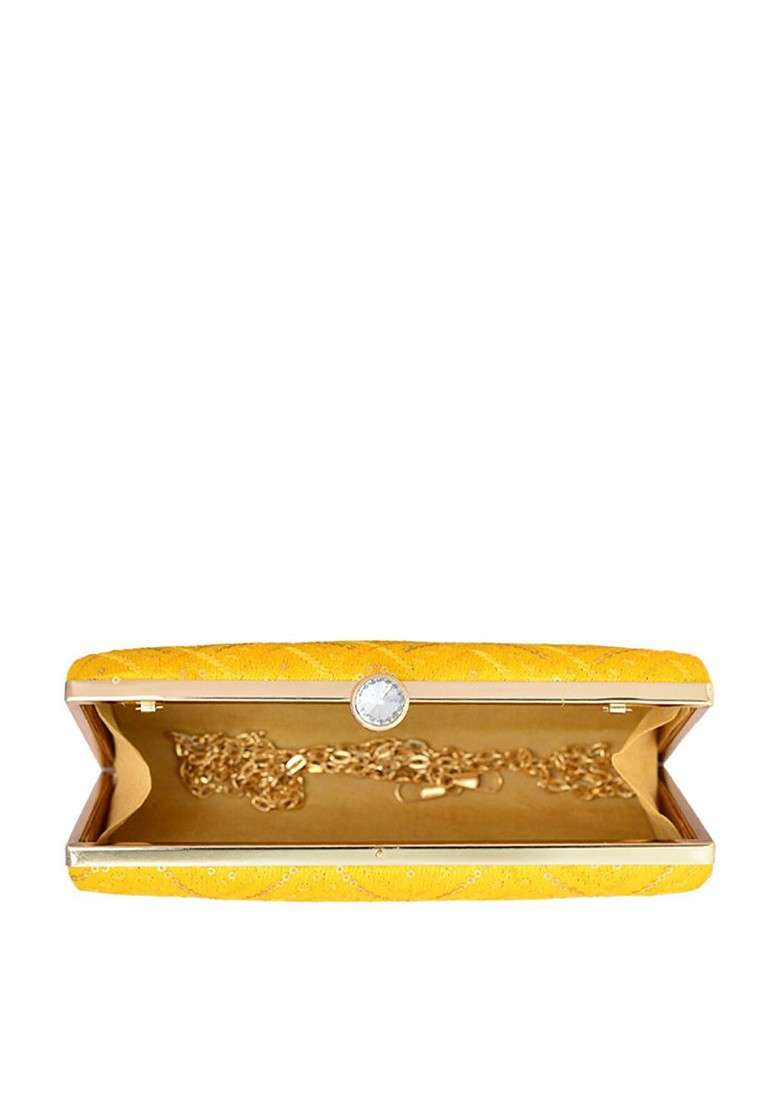 Yellow Embroidered Satin Clutches - Indya