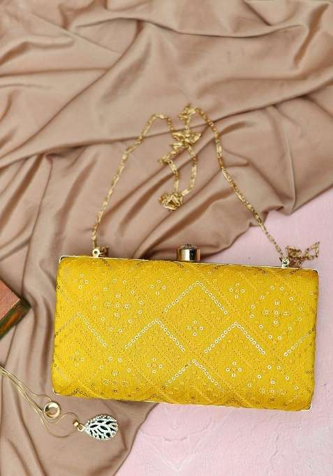 Yellow Embroidered Satin Clutches