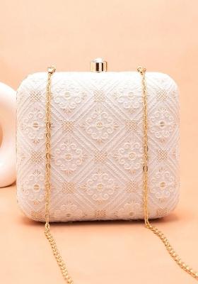 White Embroidered Satin Clutches