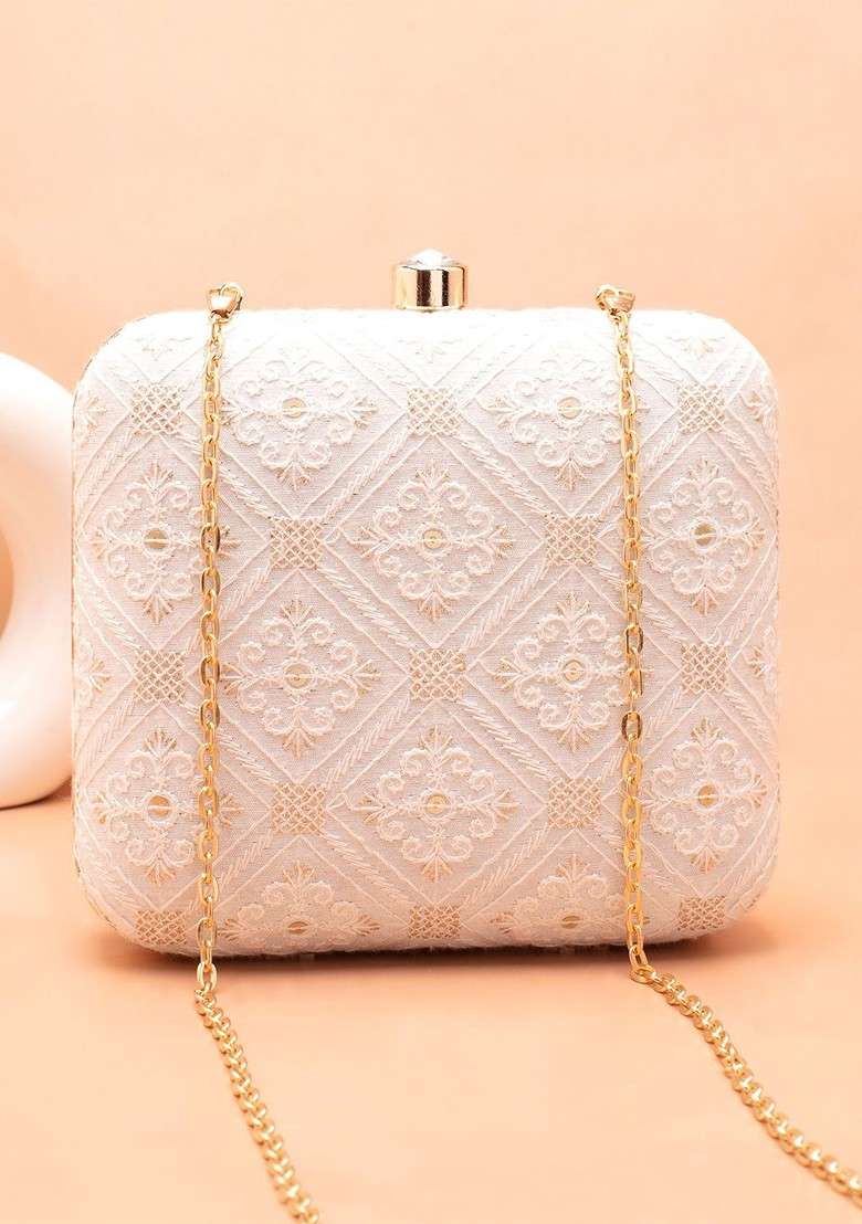 White Embroidered Satin Clutches - Indya