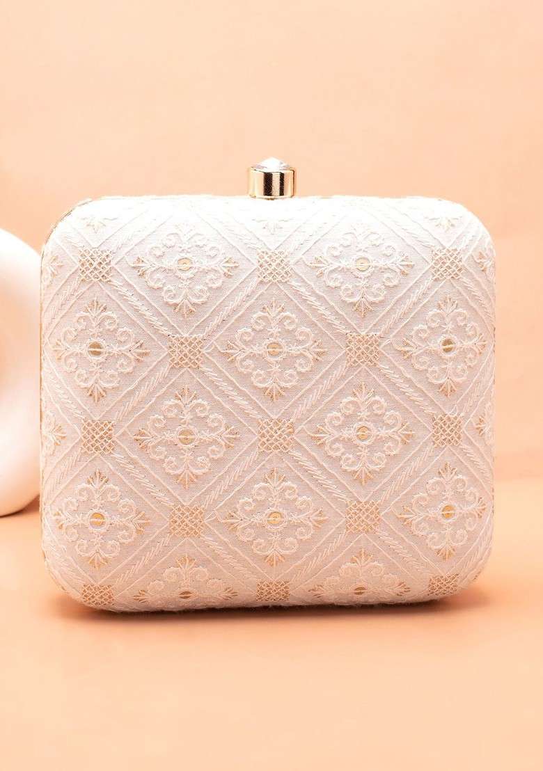 White Embroidered Satin Clutches - Indya