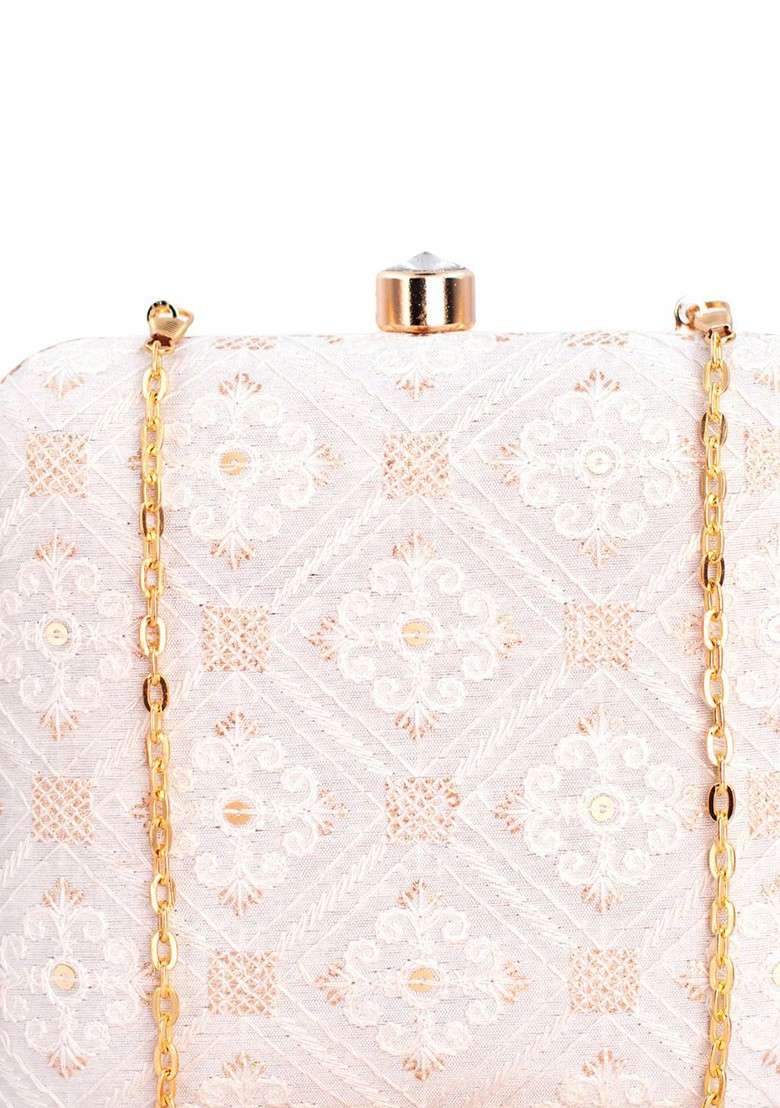 White Embroidered Satin Clutches - Indya