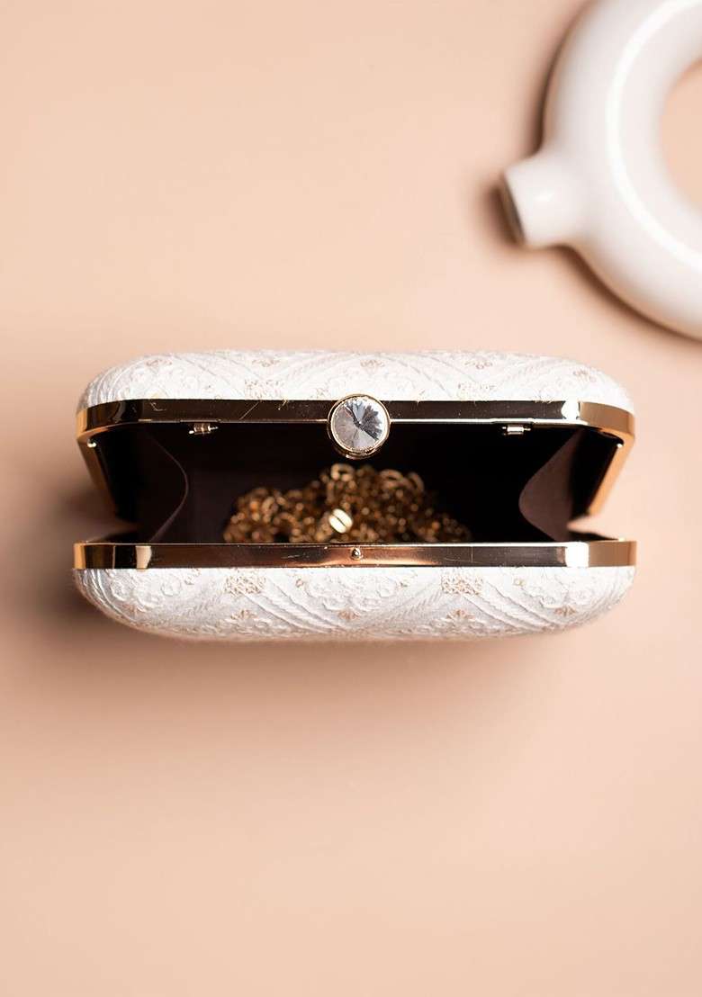 White Embroidered Satin Clutches - Indya