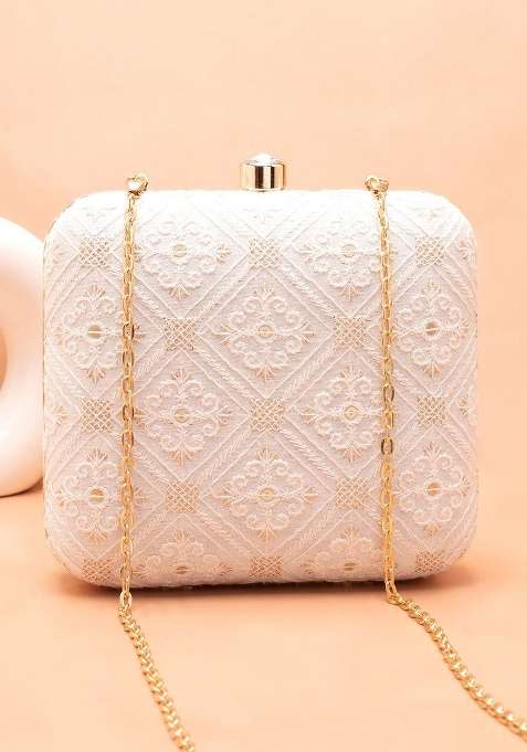 White Embroidered Satin Clutches