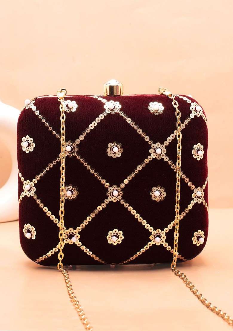 Maroon Embroidered Satin Clutches - Indya