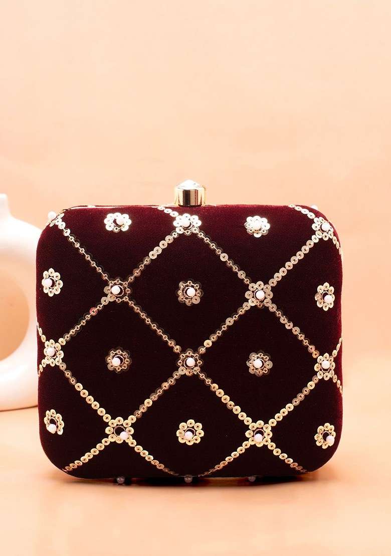 Maroon Embroidered Satin Clutches - Indya