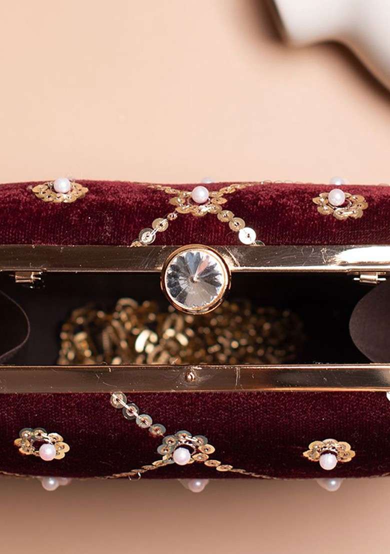 Maroon Embroidered Satin Clutches - Indya
