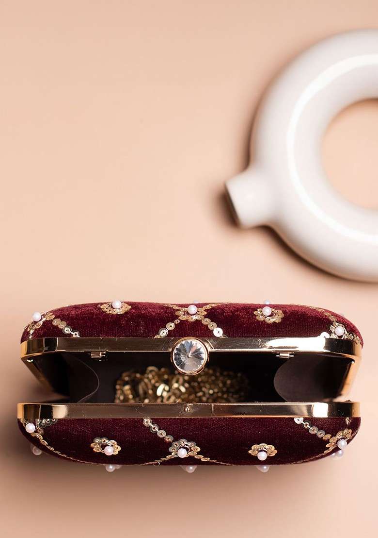 Maroon Embroidered Satin Clutches - Indya