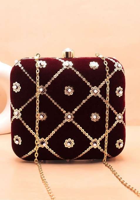 Maroon Embroidered Satin Clutches