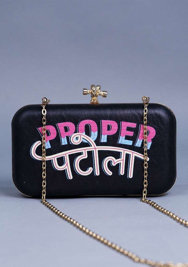 Black Printed Satin Clutches - Indya