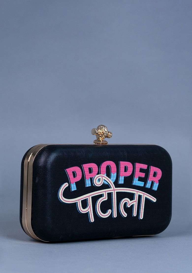 Black Printed Satin Clutches - Indya