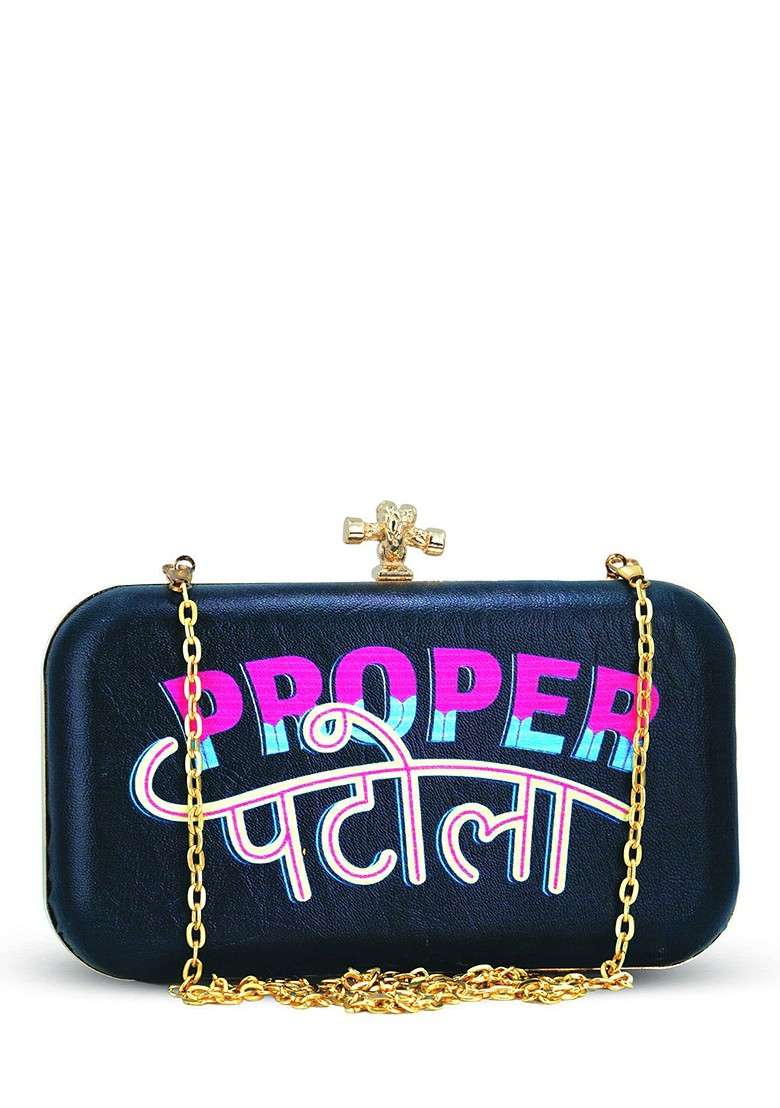 Black Printed Satin Clutches - Indya