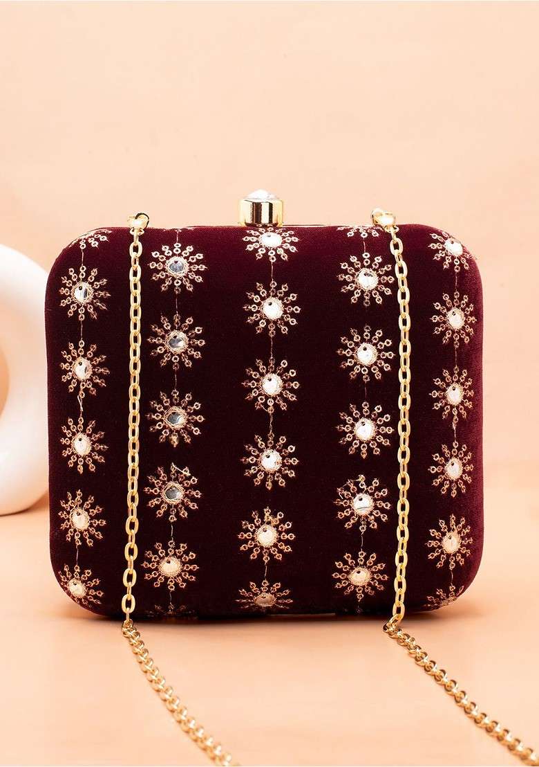 Maroon Embroidered Satin Clutches - Indya