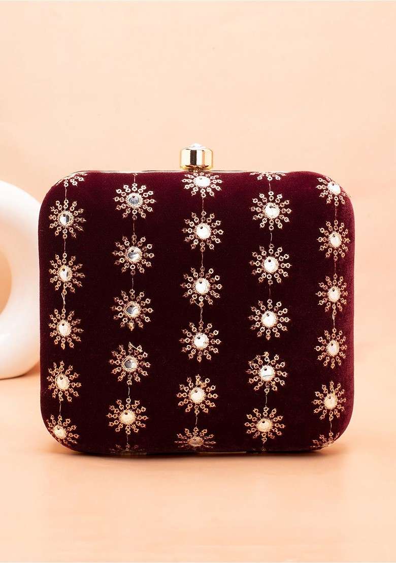 Maroon Embroidered Satin Clutches - Indya