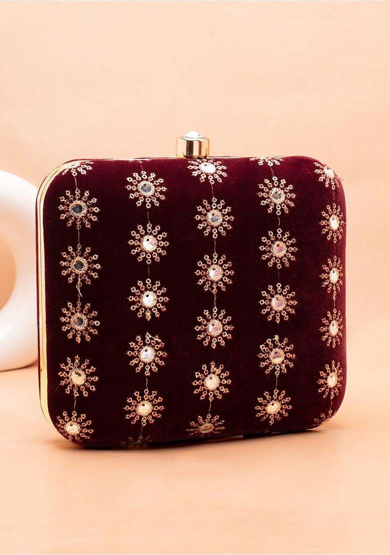 Maroon Embroidered Satin Clutches - Indya