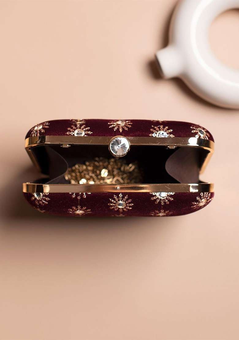 Maroon Embroidered Satin Clutches - Indya