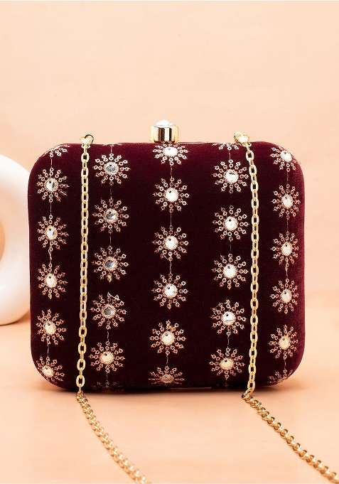 Maroon Embroidered Satin Clutches