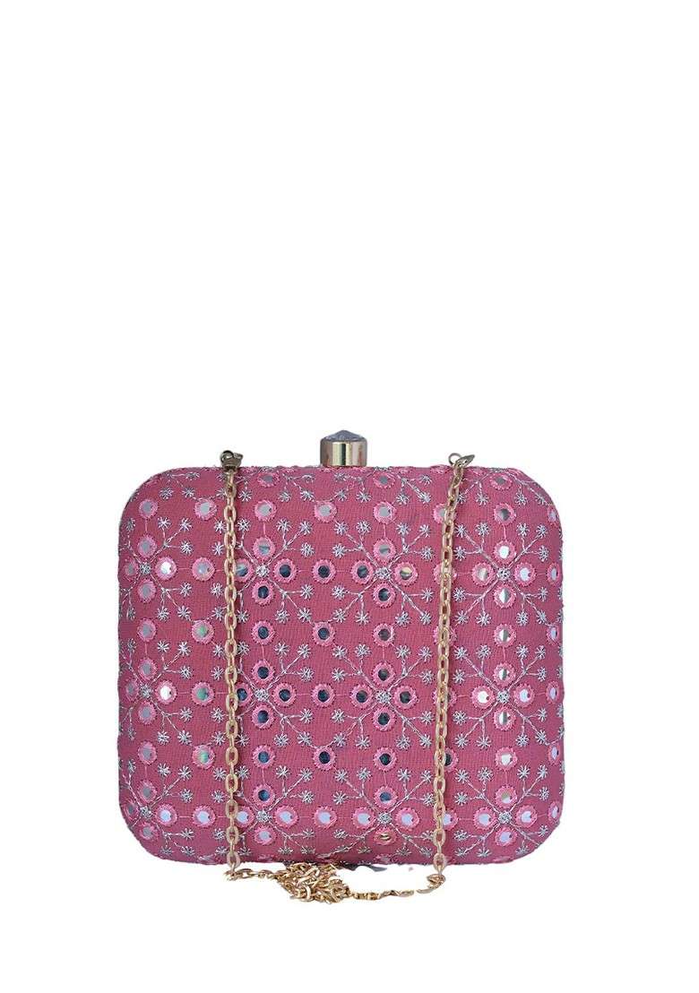 Pink Embroidered Satin Clutches - Indya