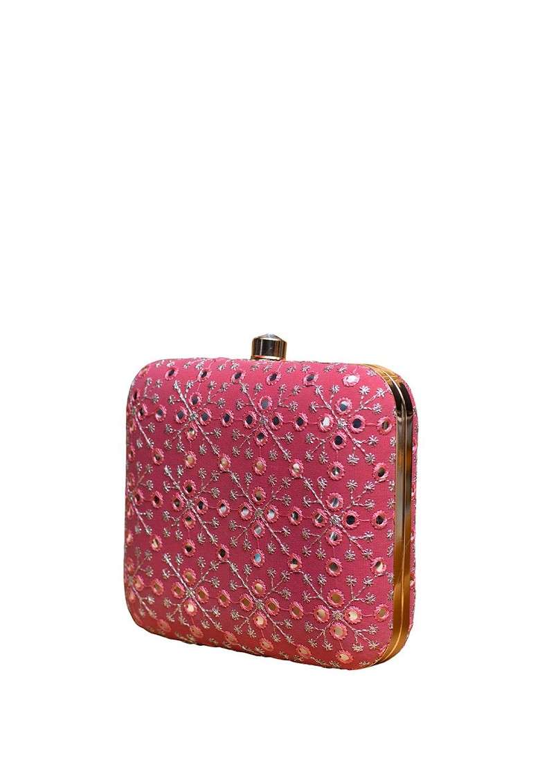 Pink Embroidered Satin Clutches - Indya