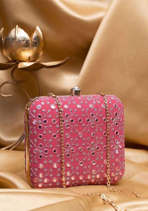 Pink Embroidered Satin Clutches