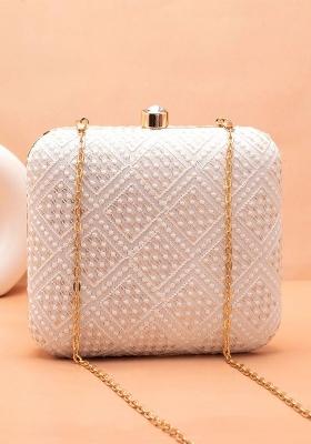 White Embroidered Satin Clutches