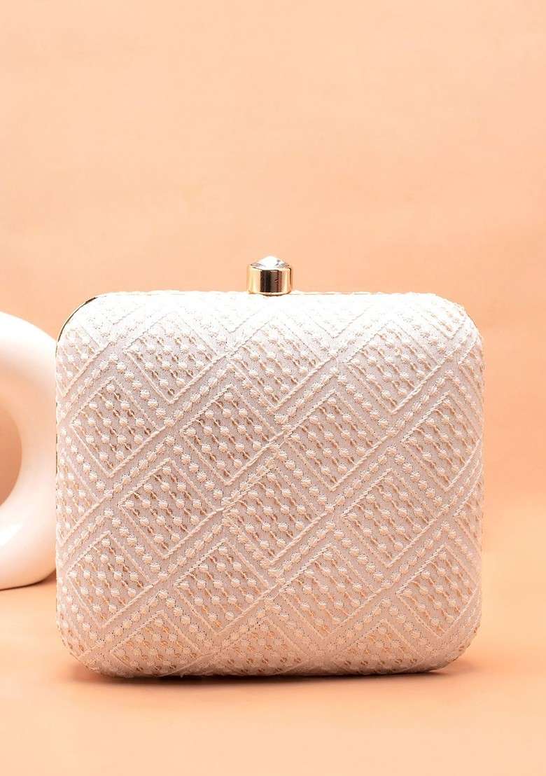White Embroidered Satin Clutches - Indya