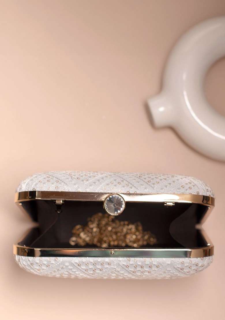 White Embroidered Satin Clutches - Indya