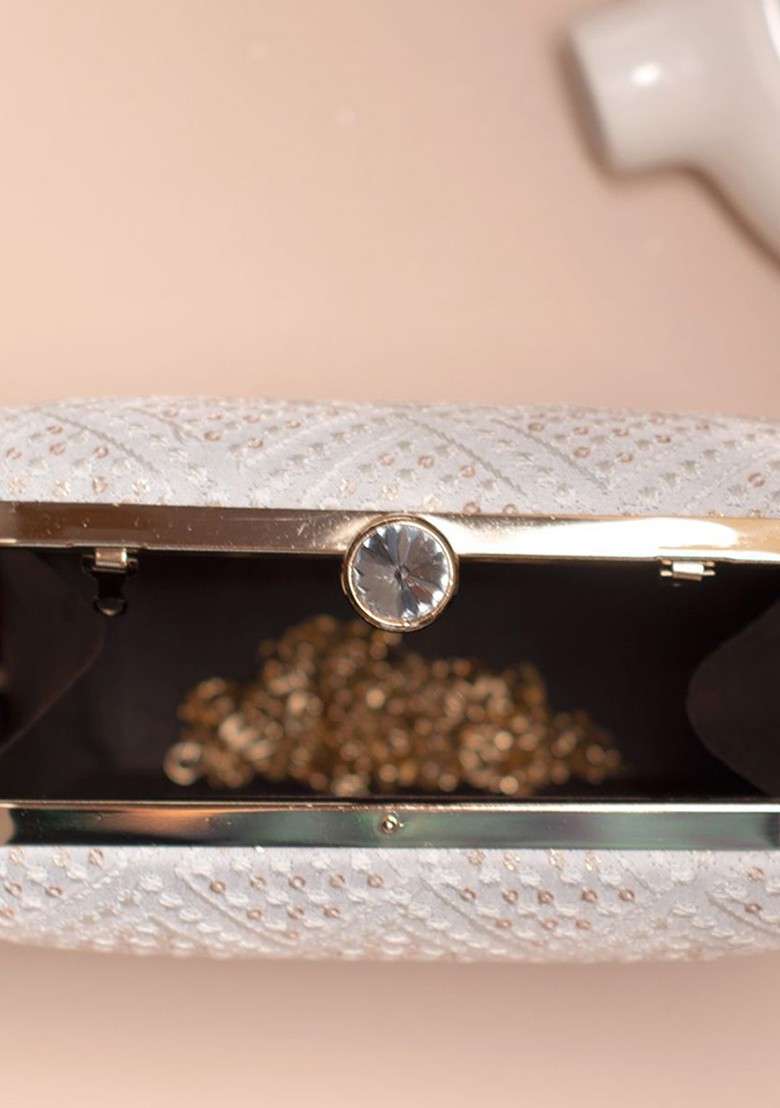 White Embroidered Satin Clutches - Indya