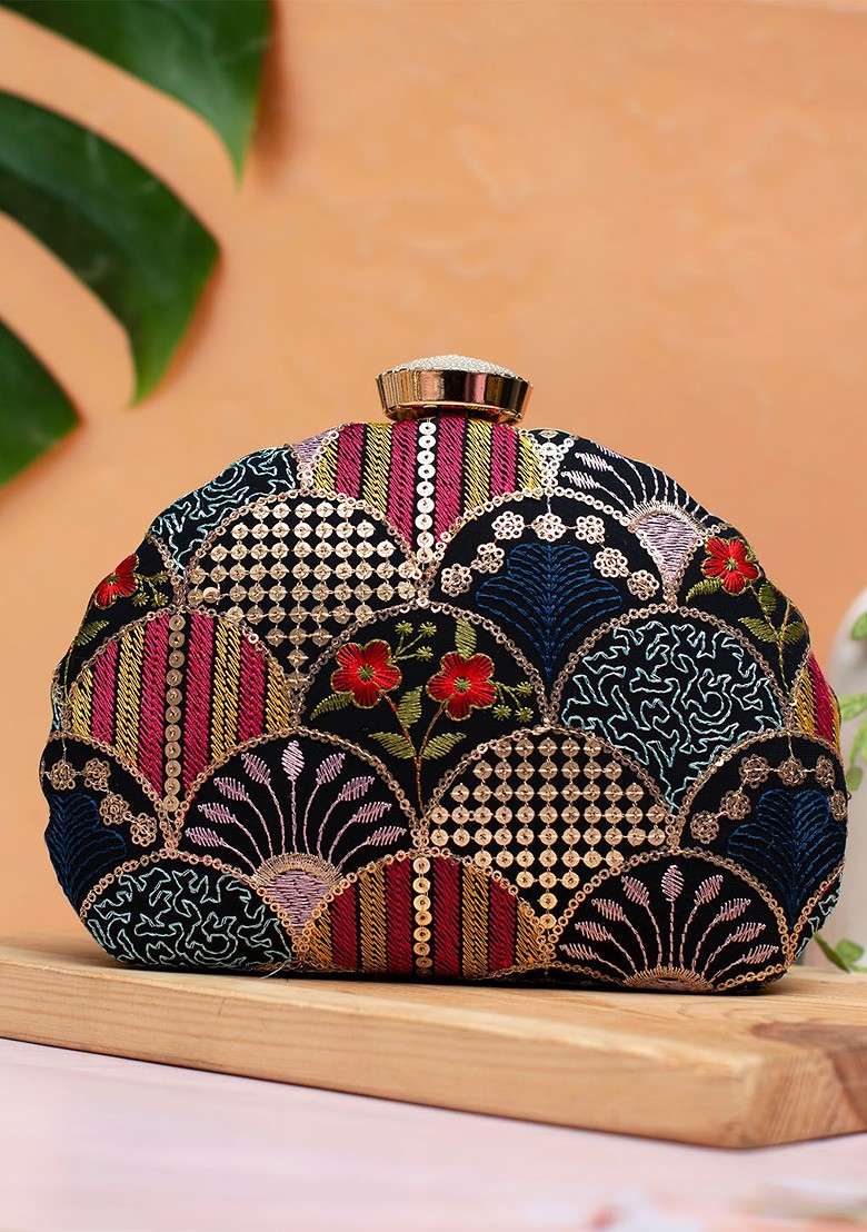 Black Embroidered Satin Clutches - Indya