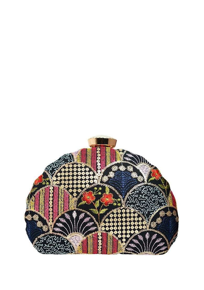 Black Embroidered Satin Clutches - Indya