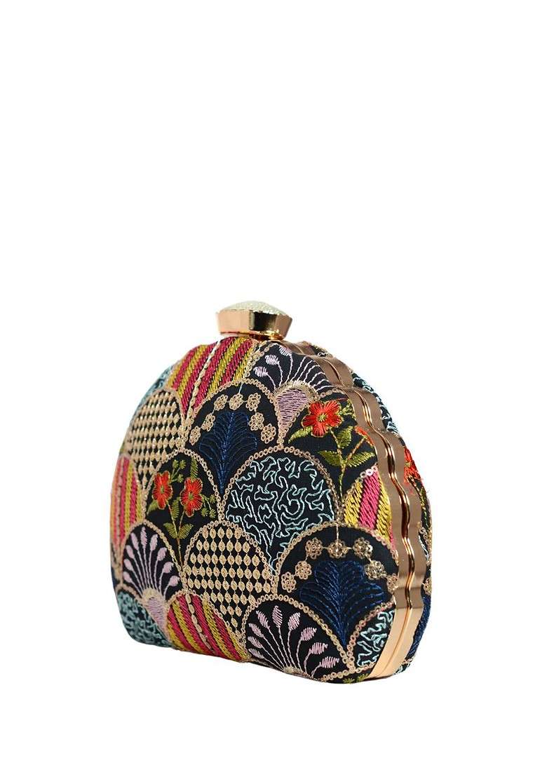 Black Embroidered Satin Clutches - Indya