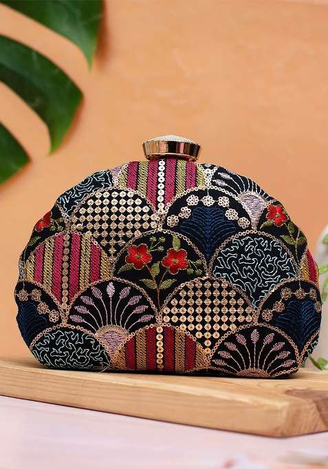 Black Embroidered Satin Clutches