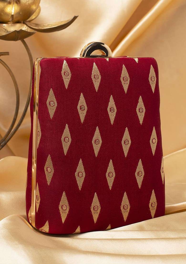 Maroon Embroidered Satin Clutches - Indya