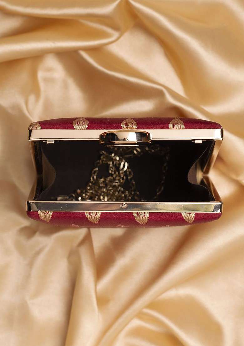 Maroon Embroidered Satin Clutches - Indya