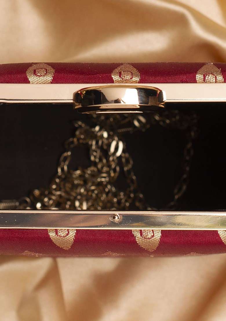 Maroon Embroidered Satin Clutches - Indya