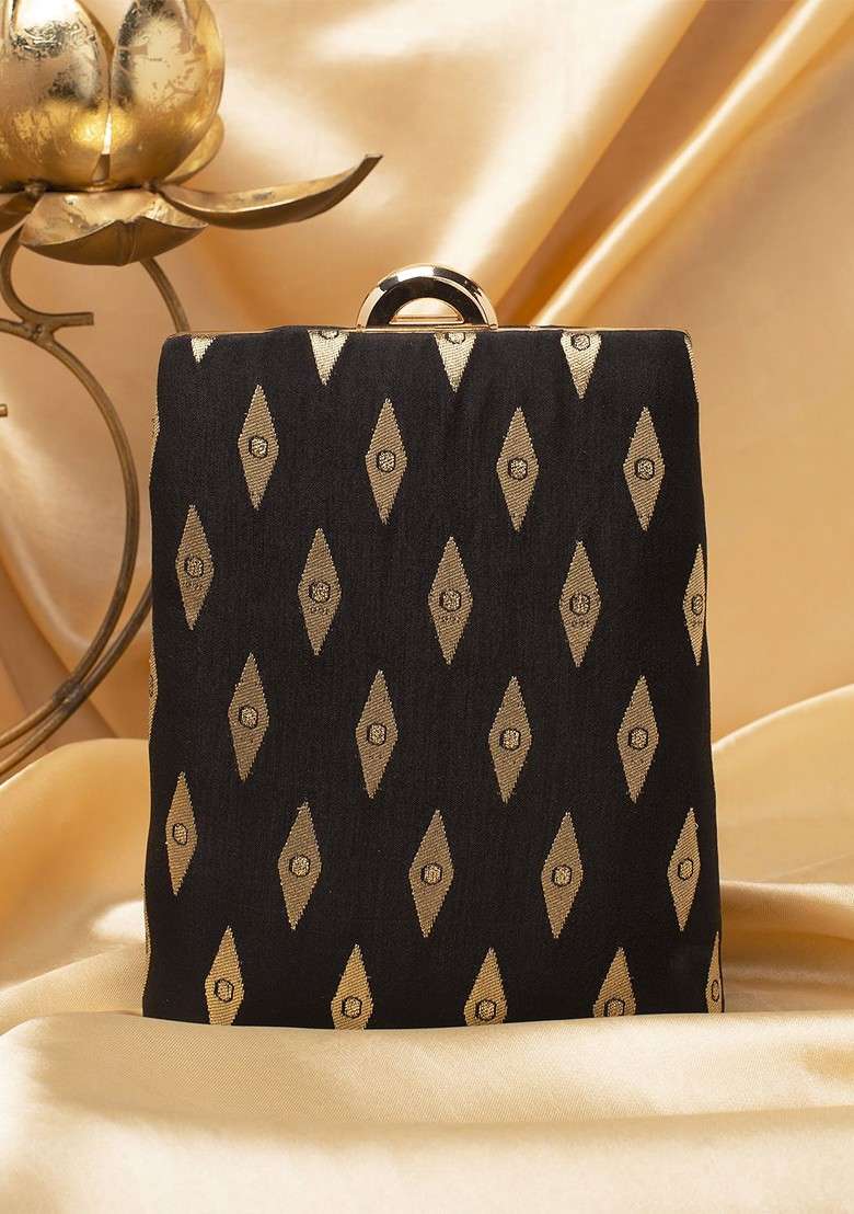 Black Printed Satin Clutches - Indya