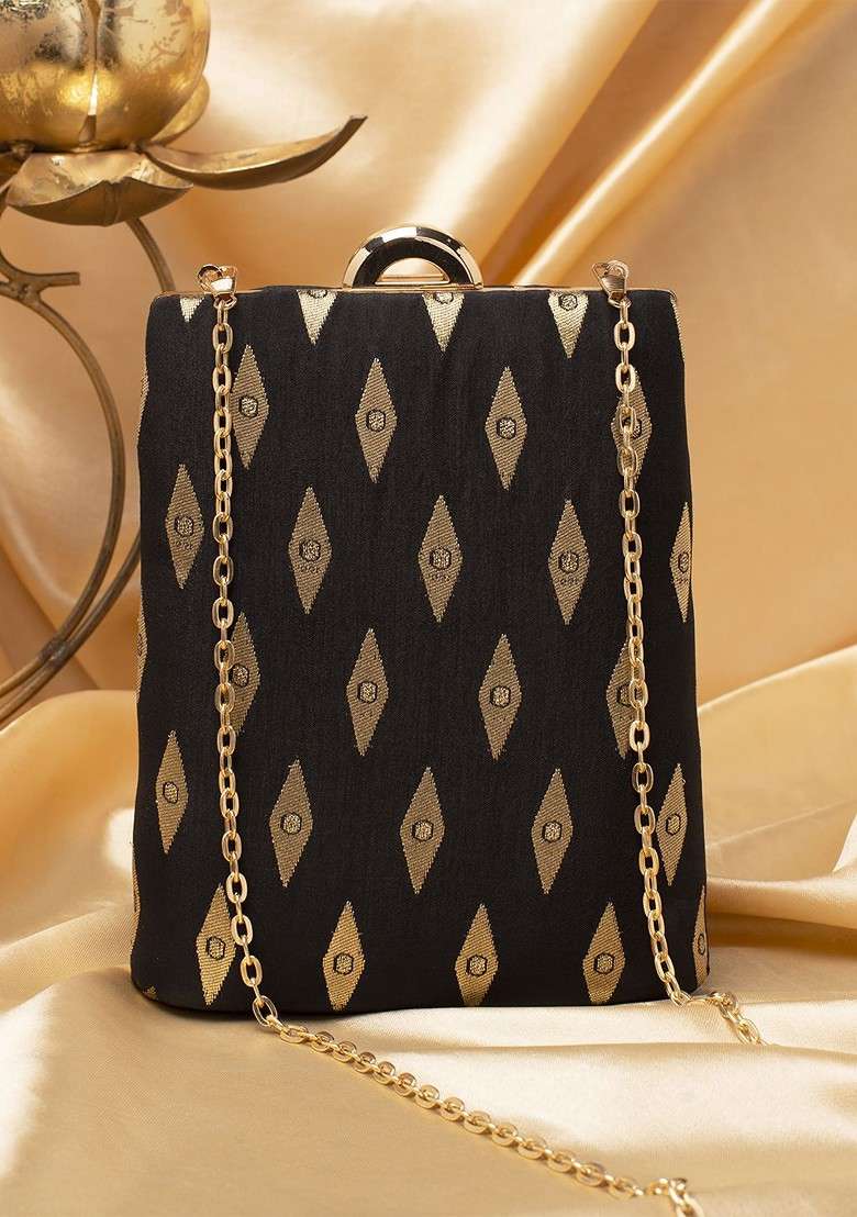 Black Printed Satin Clutches - Indya