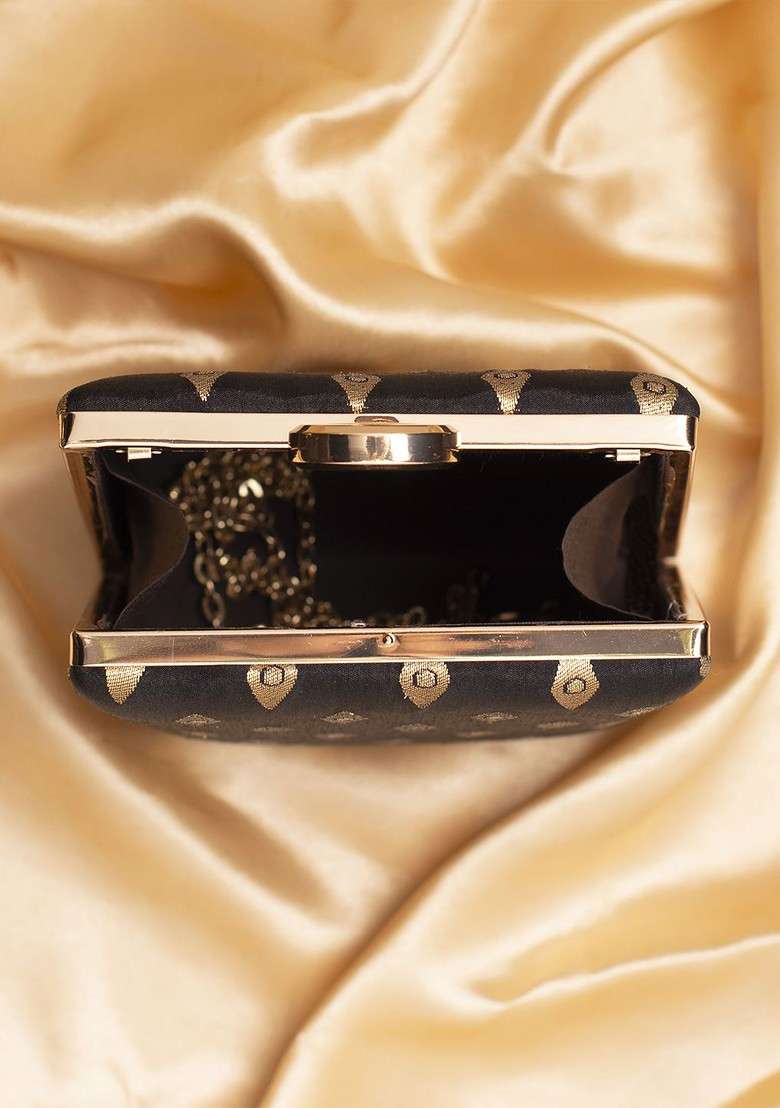 Black Printed Satin Clutches - Indya