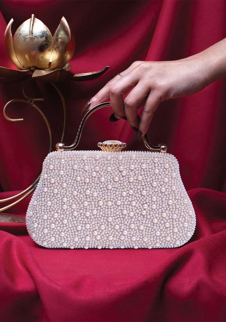 White Embroidered Satin Clutches - Indya