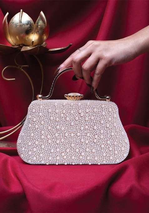 White Embroidered Satin Clutches
