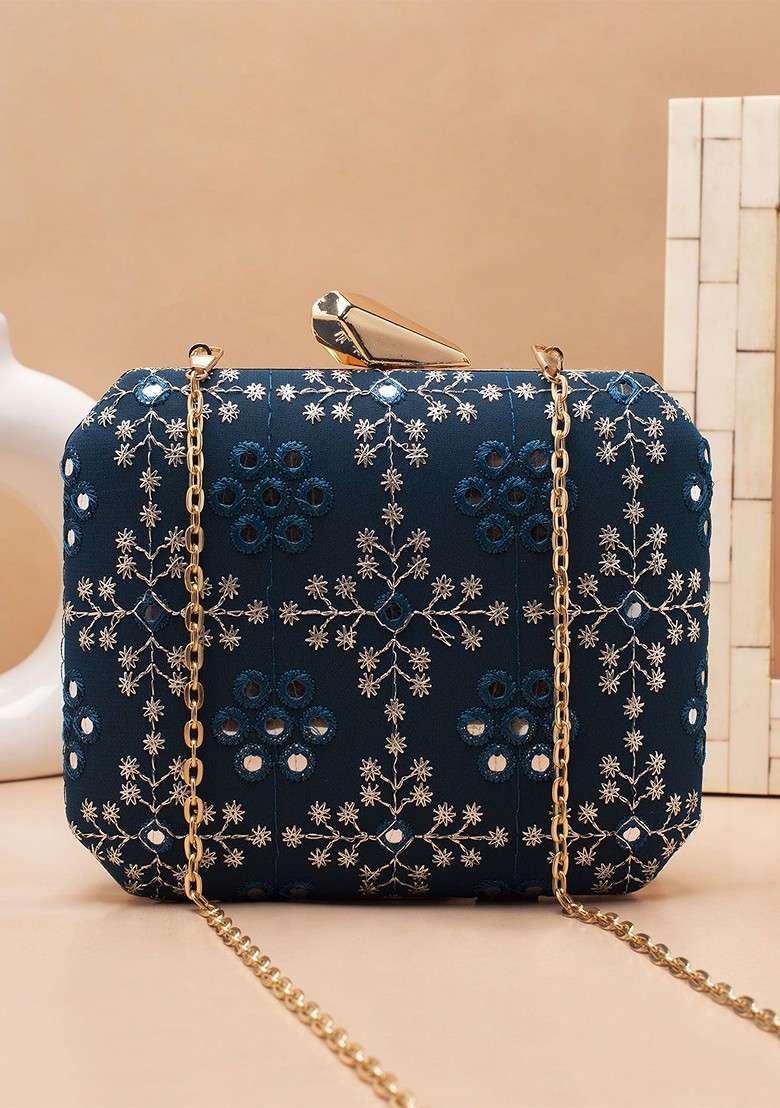 Blue Embroidered Satin Clutches - Indya