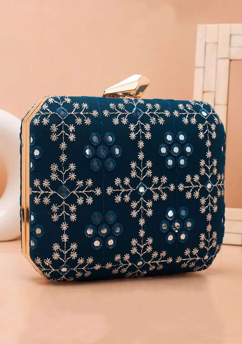 Blue Embroidered Satin Clutches - Indya