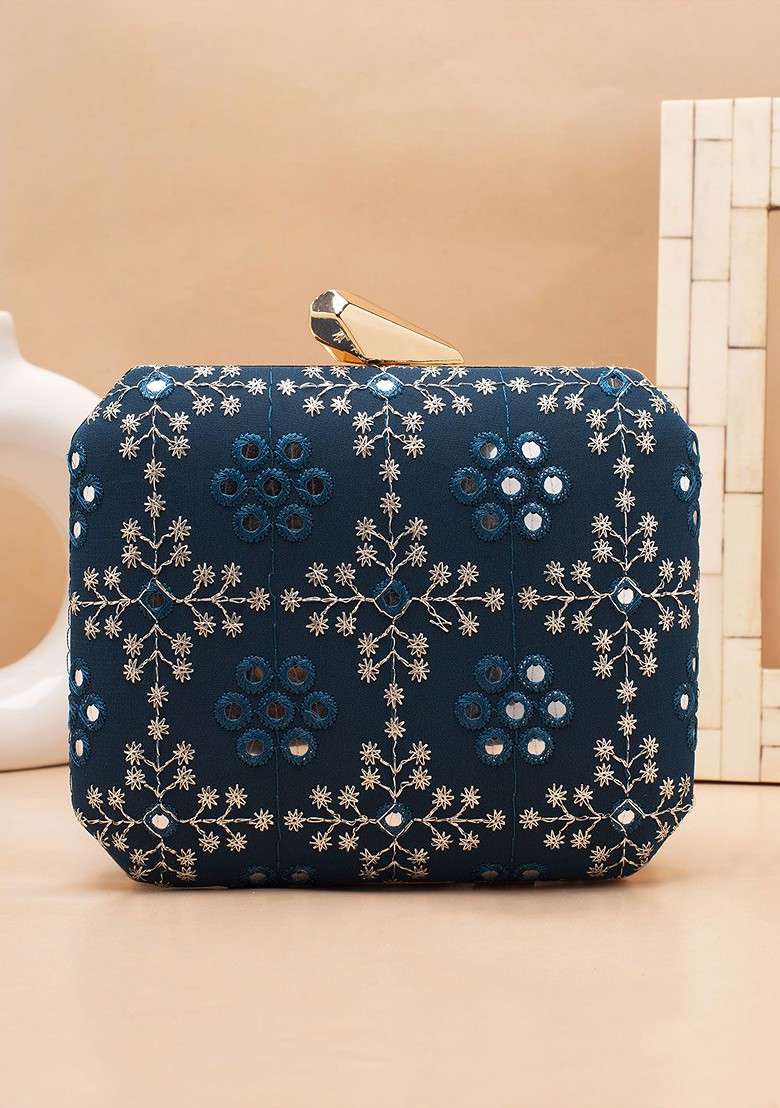 Blue Embroidered Satin Clutches - Indya