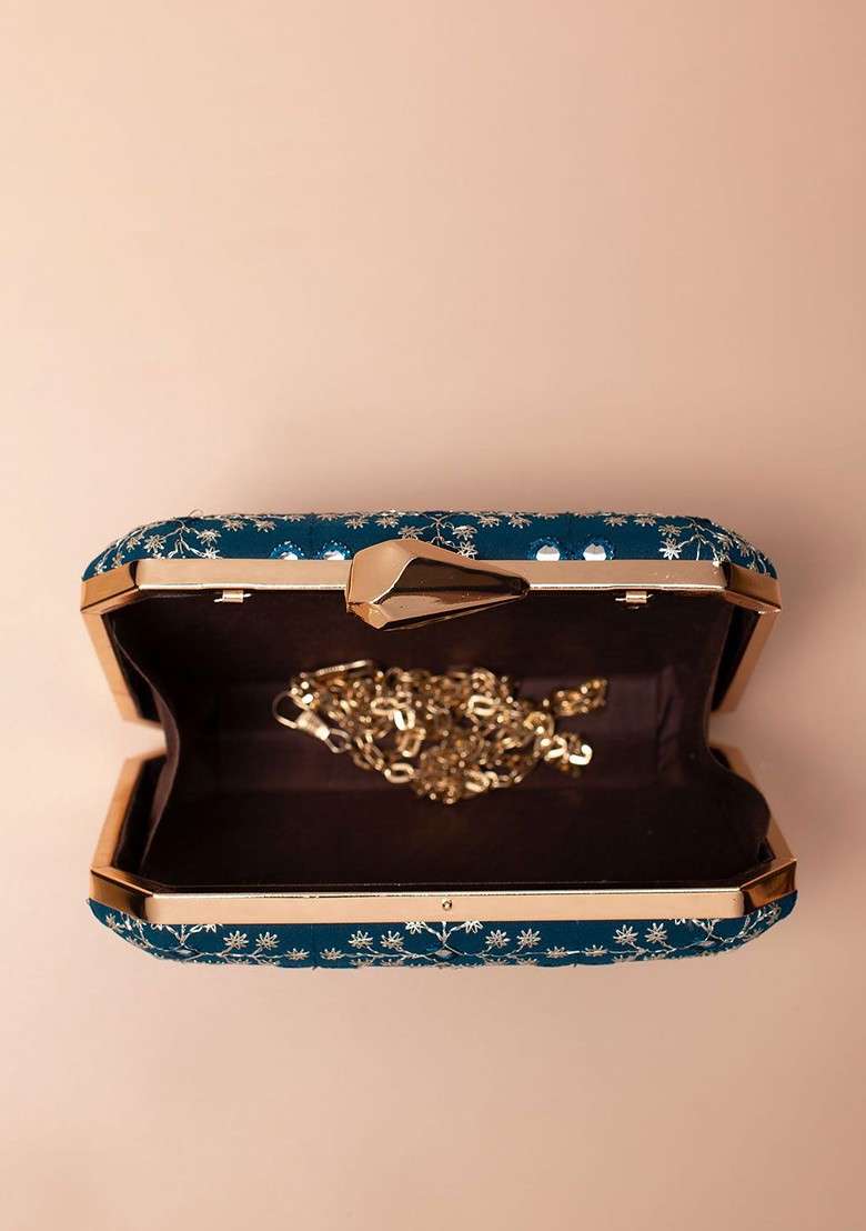 Blue Embroidered Satin Clutches - Indya