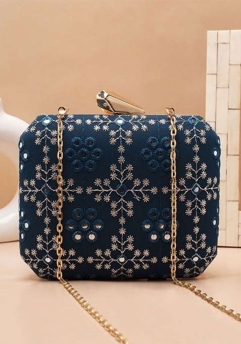 Blue Embroidered Satin Clutches