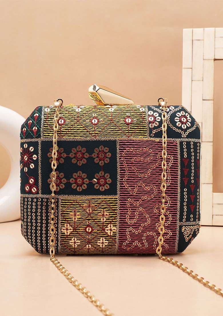 Black Embroidered Satin Clutches - Indya