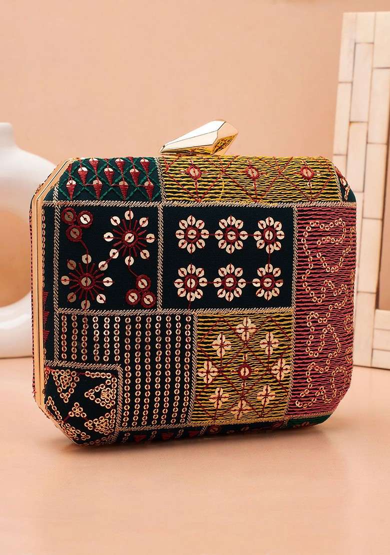 Black Embroidered Satin Clutches - Indya