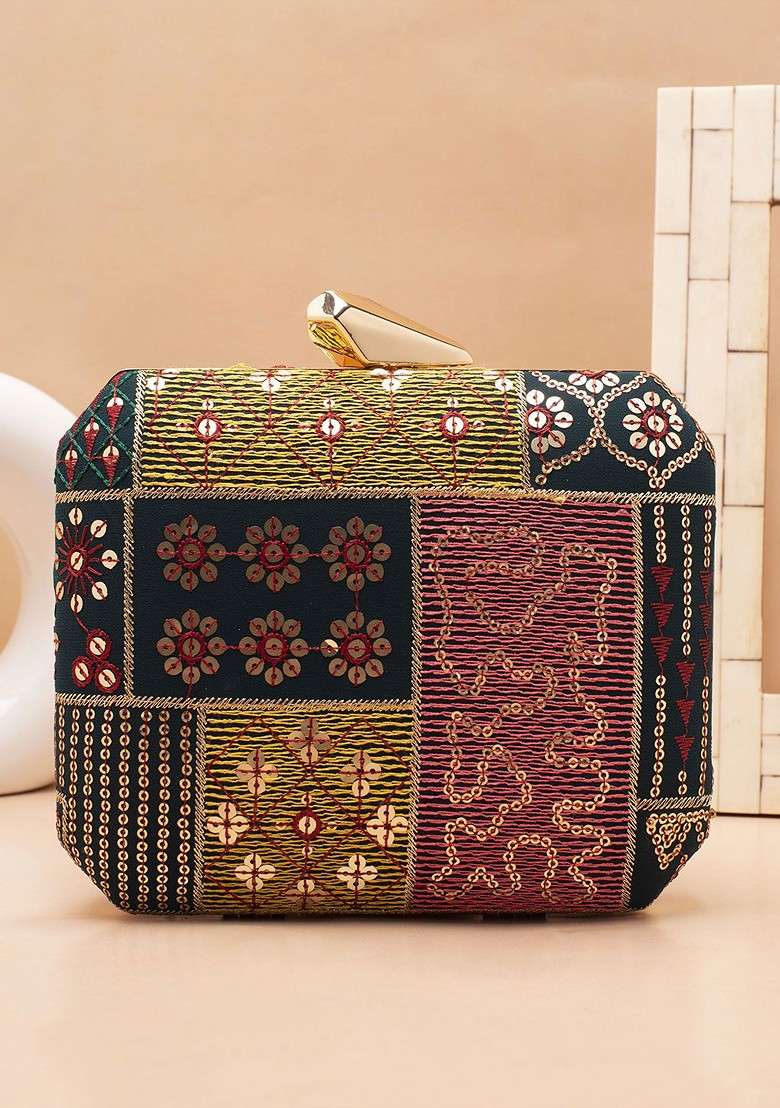 Black Embroidered Satin Clutches - Indya
