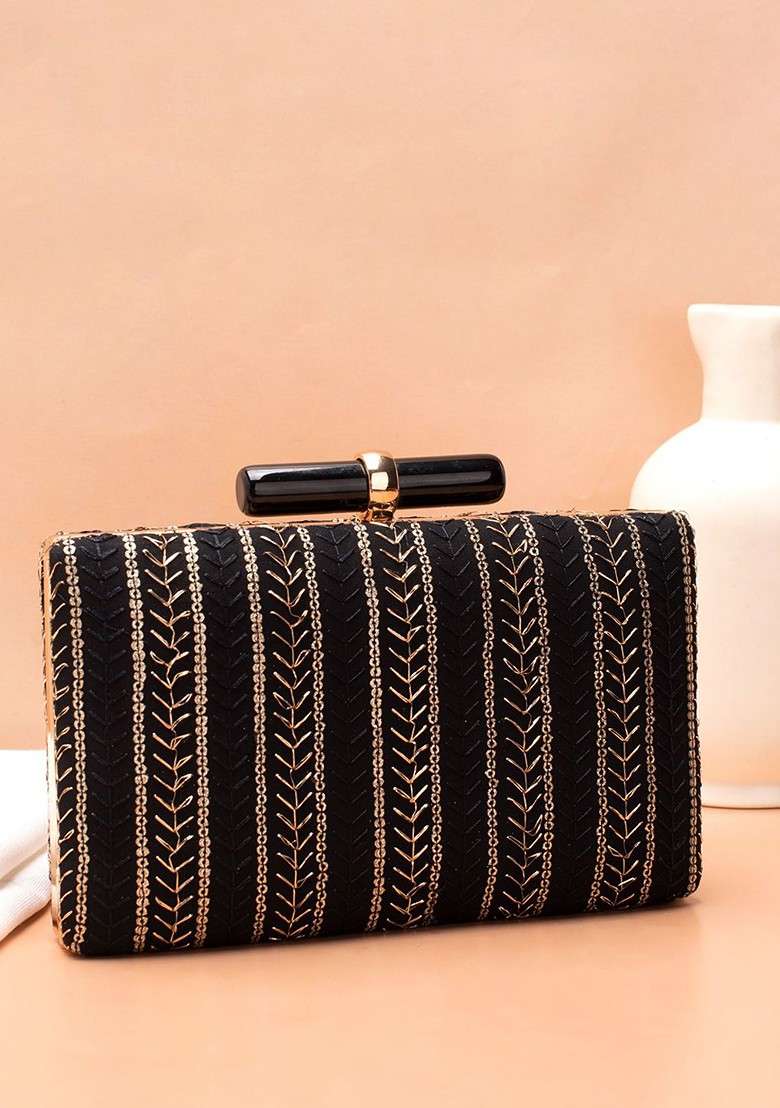 Black Embroidered Satin Clutches - Indya
